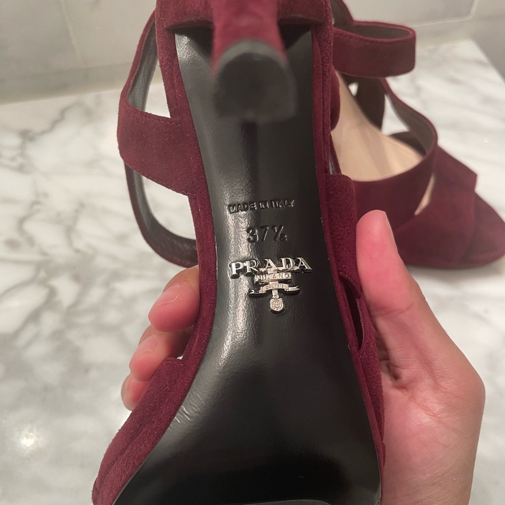 Prada Suede Plum Asymmetrical Triple Strap Platform Sandal - Picture 7 of 8